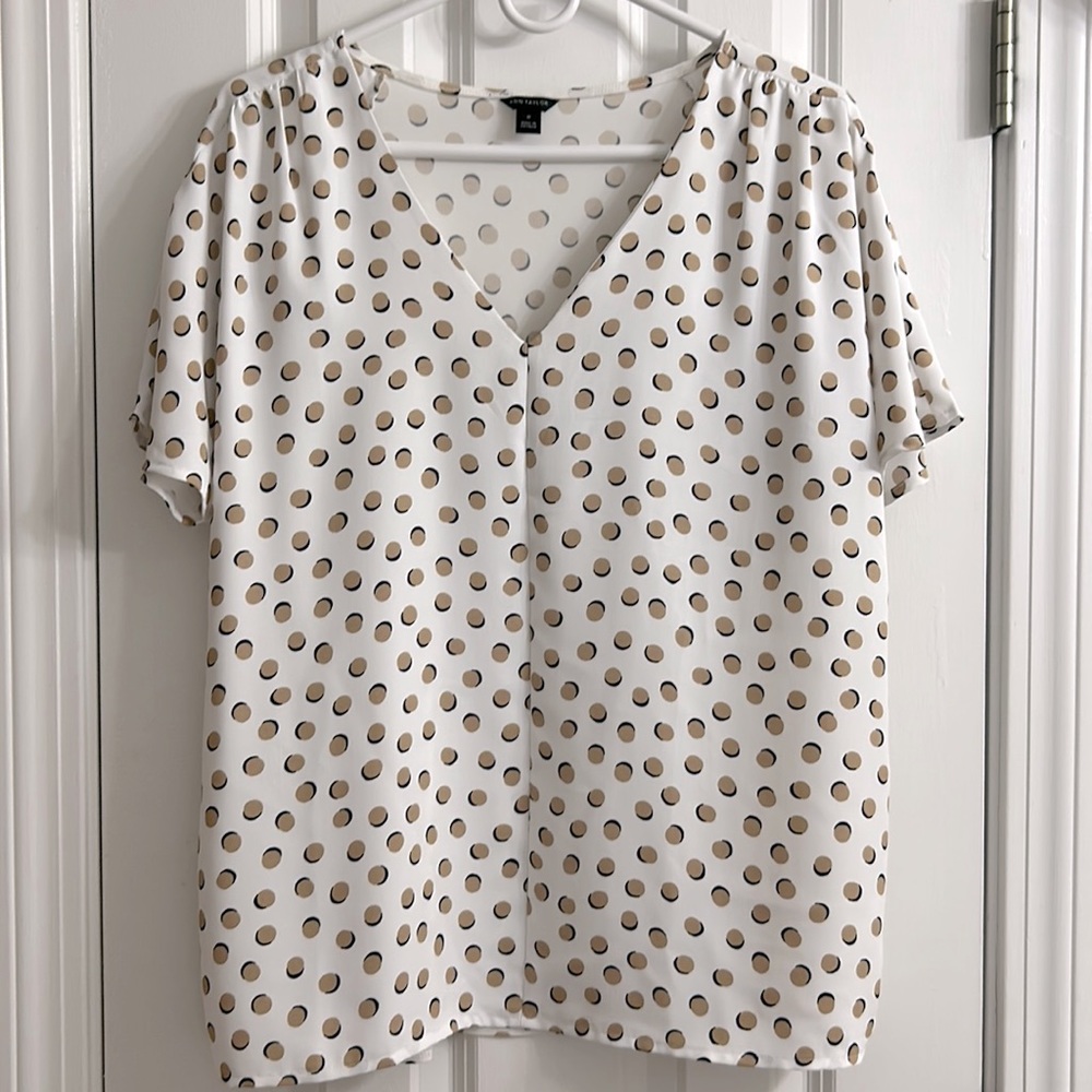 Ann Taylor White and Gold Polka Dot Top